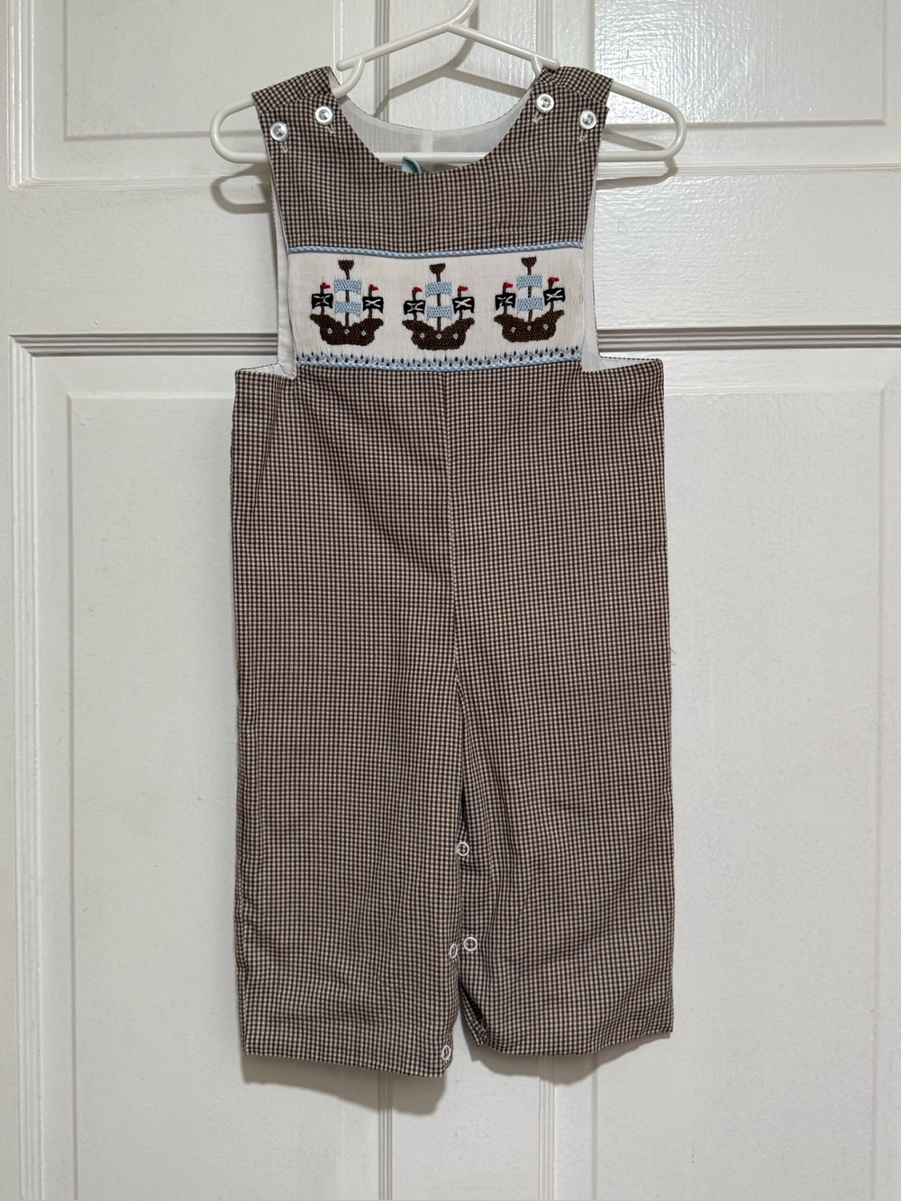 6 Month Boys Smocked Jon Jons Pirate Ship One Piece Overalls Preppy Brown Blue